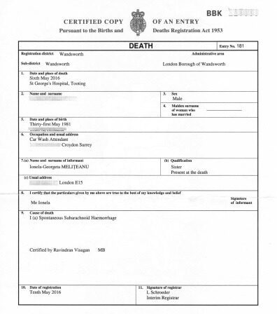 UK Births and deaths registry of Wandsworth death certificate template in PSD format