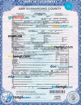 USA California state death certificate template in PSD format
