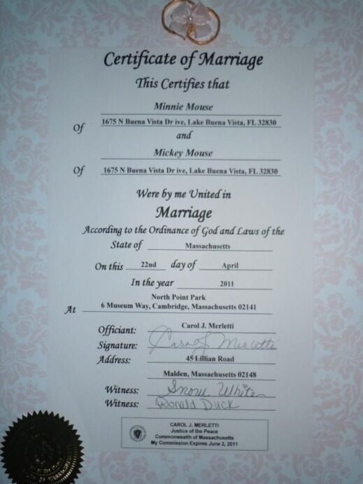 USA Commonwealth of Massachusetts marriage certificate template in PSD format