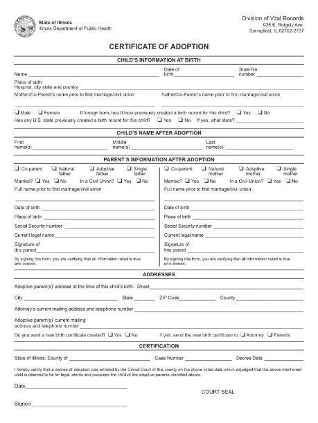 USA Illinois department of public health adoption certificate template in PSD format