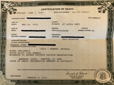 USA Missouri department of health death certificate template in PSD format