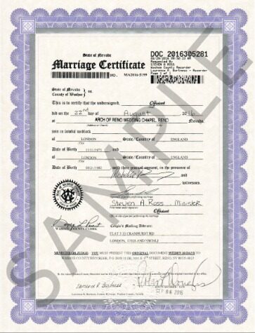 USA Nevada Registry office marriage certificate template in PSD format