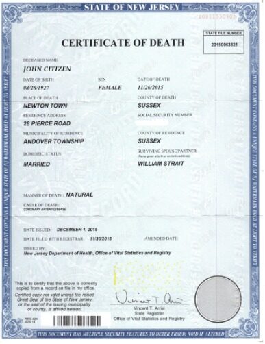 USA New Jersey department of health death certificate template in PSD format