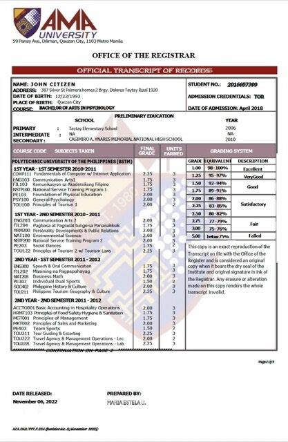 AMA University official transcript of records Word and PDF template