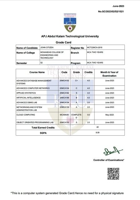 APJ Abdul Kalam Technological University grade card Word and PDF template