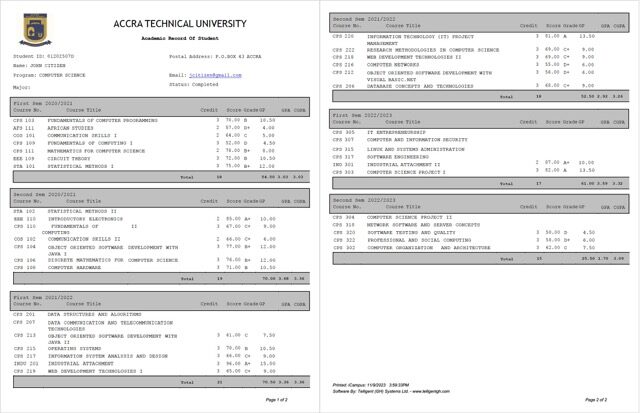 Accra Technical University academic record of student Word and PDF template, 2 pages