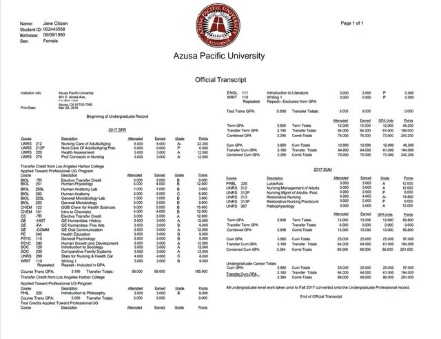 Azusa Pacific University official transcript Word and PDF template