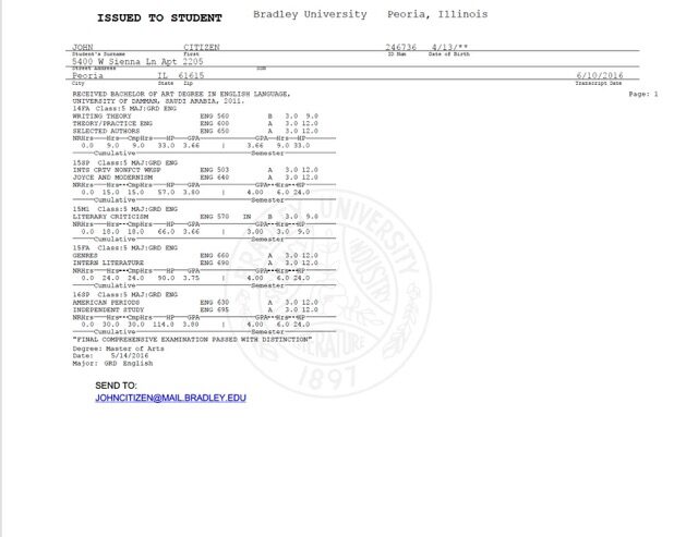 Bradley University official academic transcript Word and PDF template, 2 pages