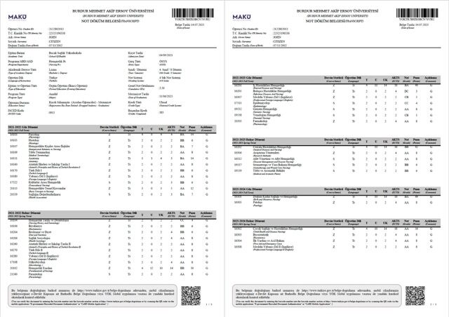 Burdur Mehmet Akif Ersoy University transcript Word and PDF template, 3 pages