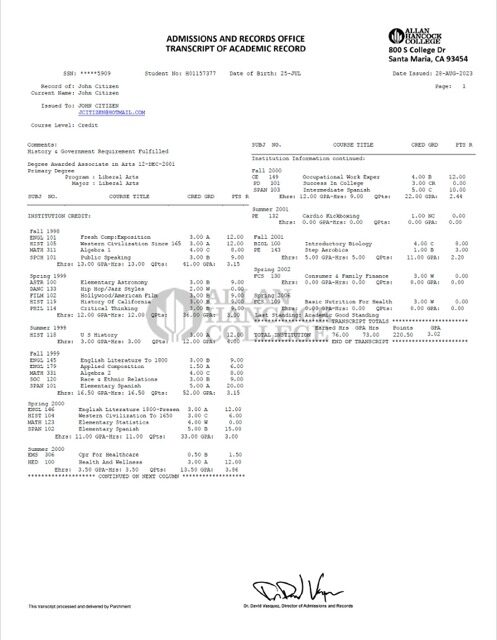 California Allan Hancock College transcript of academic record Word and PDF template