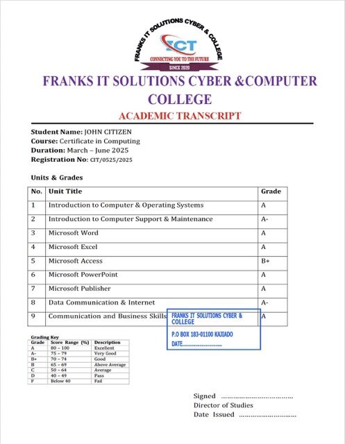 Franks It Solutions Cyber & Computer College academic transcript Word and PDF template