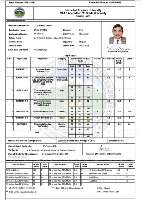 Himachal Pradesh University grade card Word and PDF template