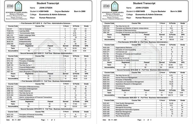Imam Mohammad Ibn Saud Islamic University student transcript Word and PDF template, 3 pages