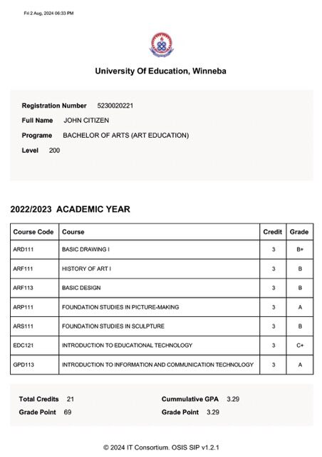University of Education, Winneba transcript Word and PDF template