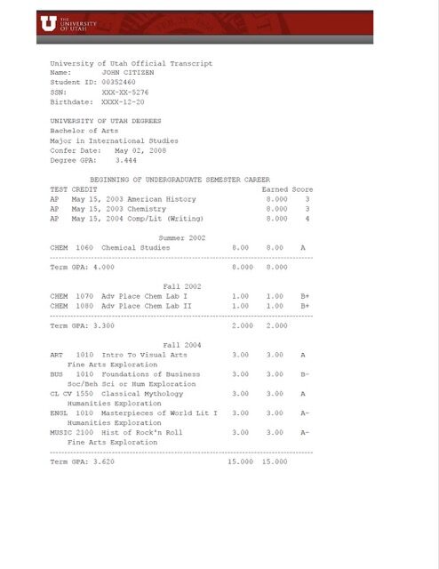 University of Utah official transcript Word and PDF template