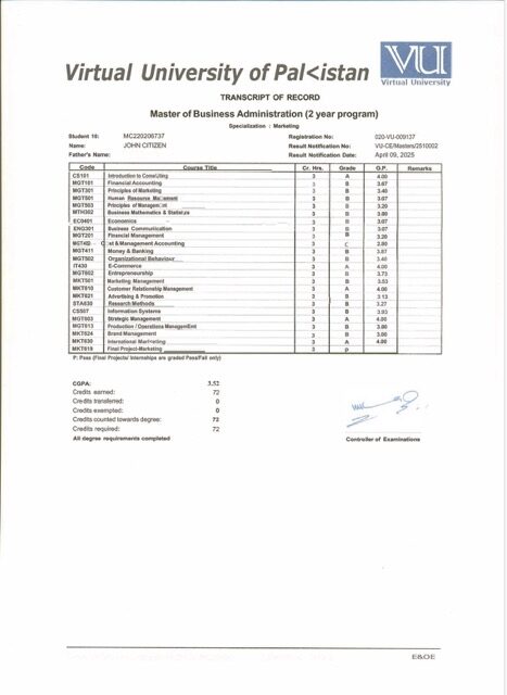 Virtual University of Pakistan transcript of record Word and PDF template
