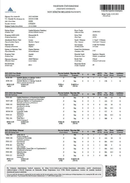 Yeditepe University transcript Word and PDF template