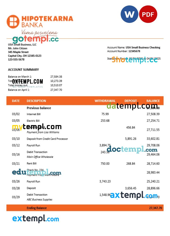 Addiko firm account statement Word and PDF template