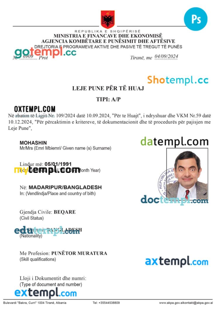 Albania work permit template in PSD format, version 2