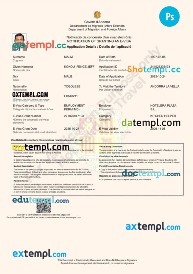 Andorra work visa permit template in PSD format