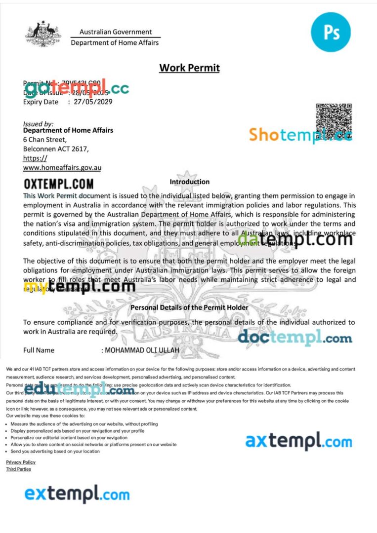 Australia work permit template in PSD format, 4 pages