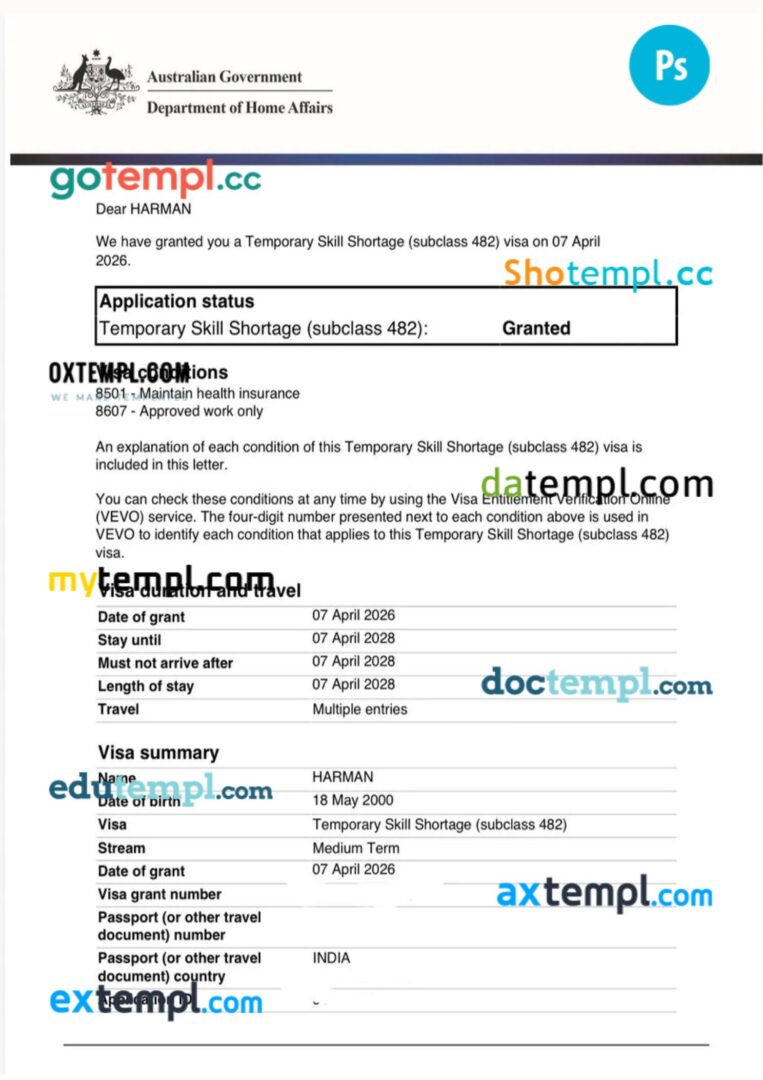 Australia work permit template in PSD format