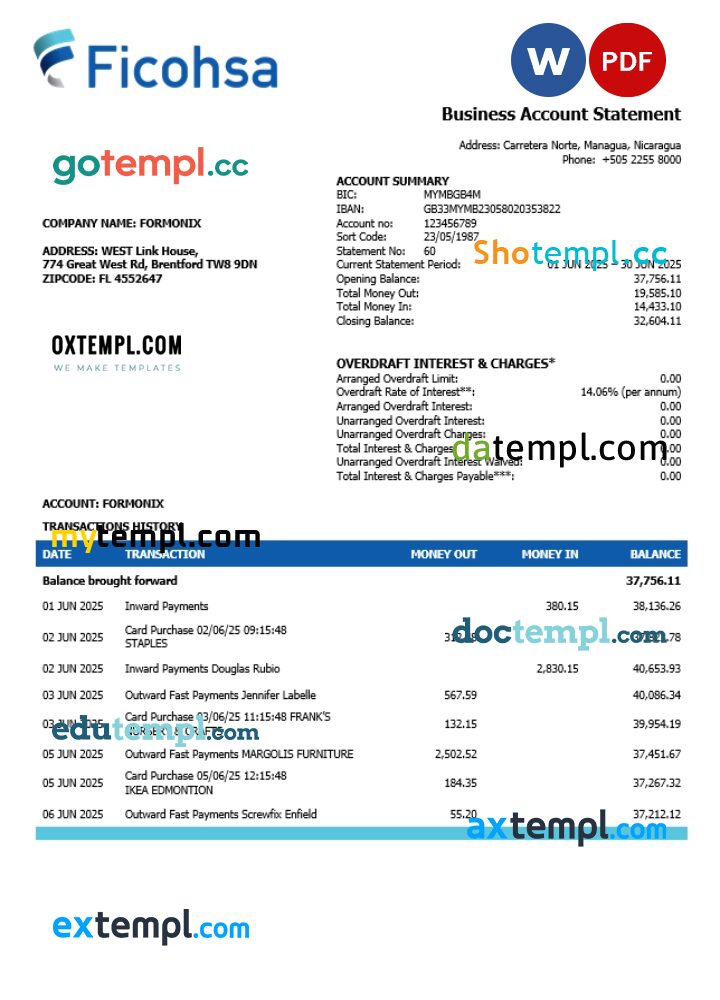 Banco Ficohsa business bank statement Word and PDF format