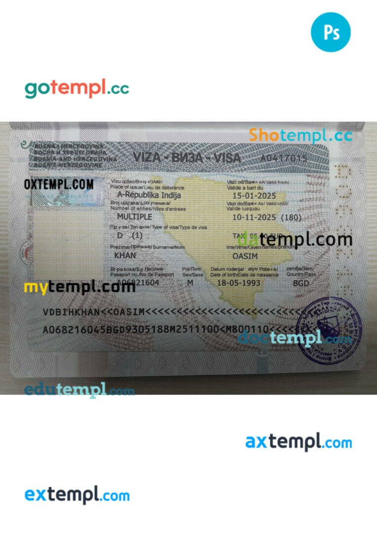 Bosnia and Herzegovina travel visa with passport page template in PSD format