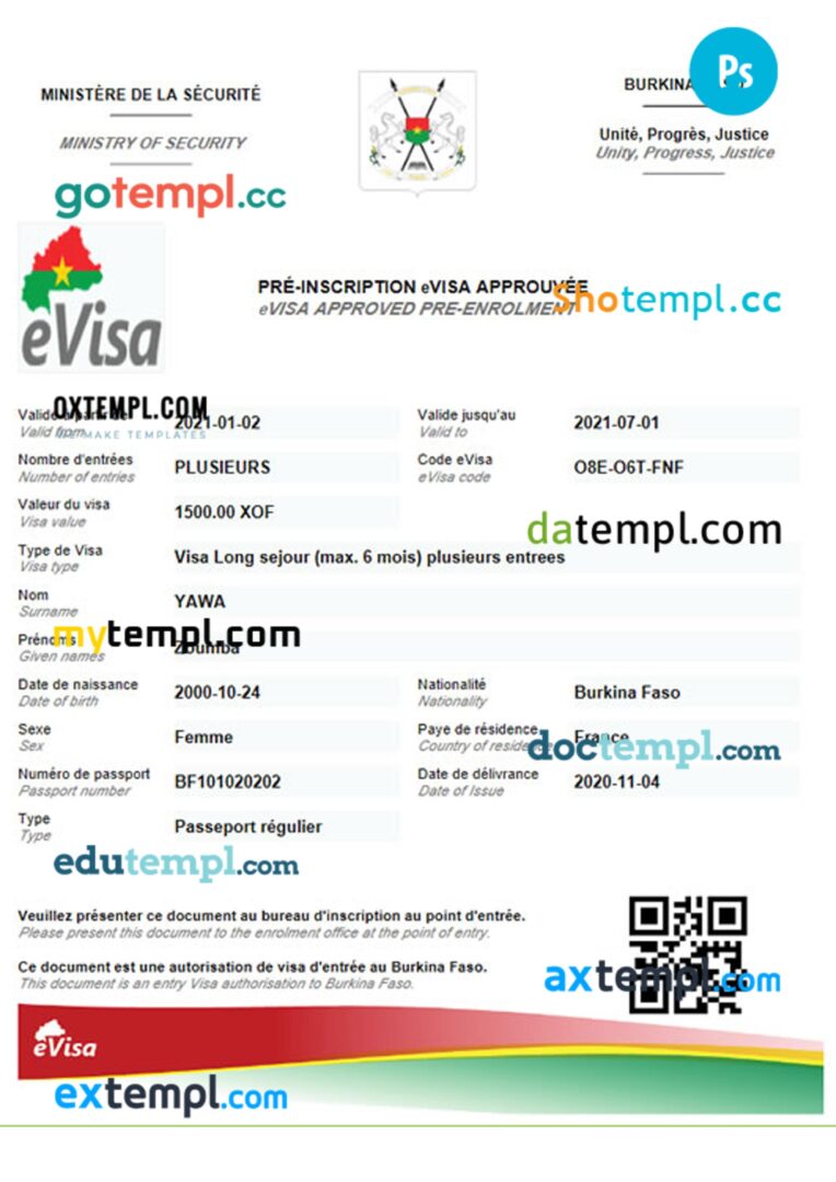 Burkina Faso e-visa template in PSD format, 2021-present