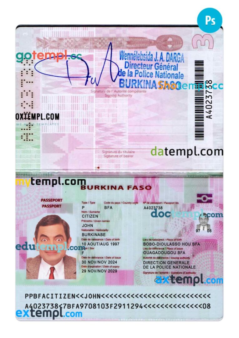 Burkina Faso passport PSD template, 2024-present