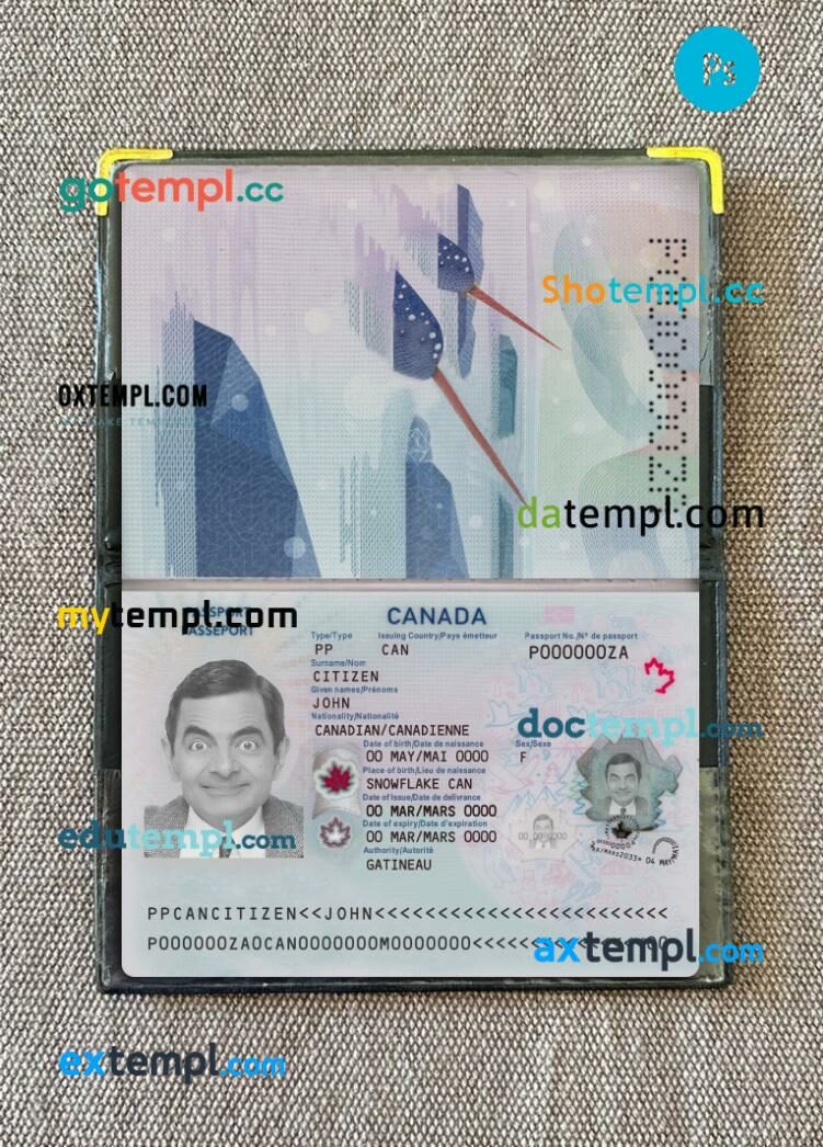 Canada passport editable PSD files with address page, scan and photo-realistic look, 2023-present