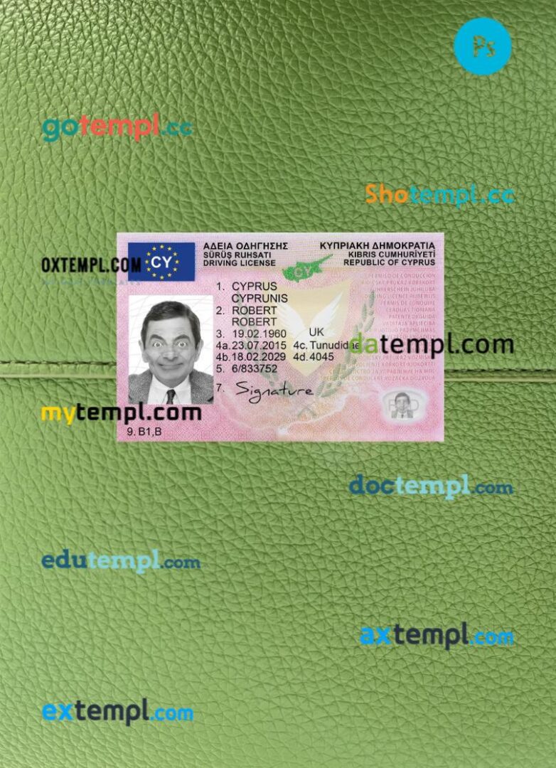 Cyprus driving license PSD files, scan look and photographed image, 2 in 1, 2015-present