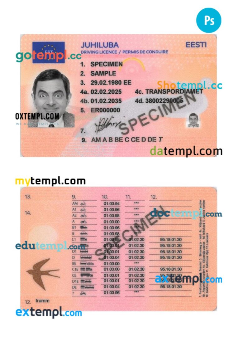 Estonia driving license PSD editable template, 2025-present