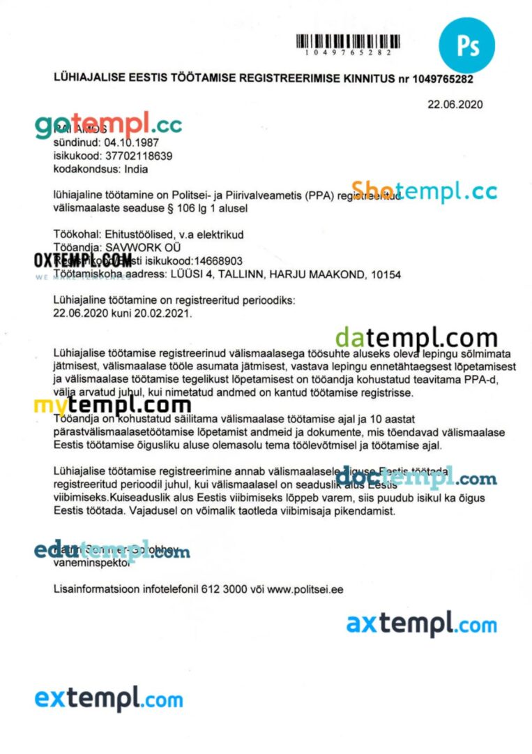 Estonia work permit template in PSD format