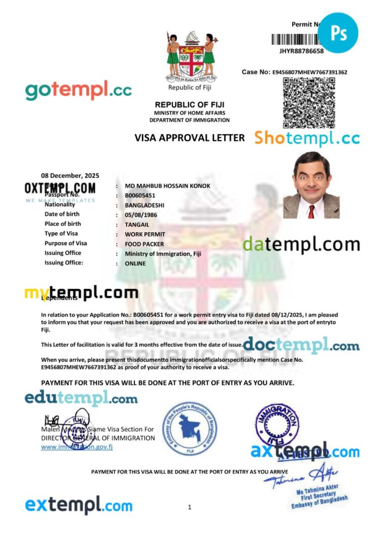 Fiji long term work permit template in PSD format, 3 pages