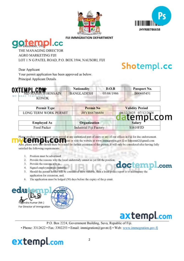 Fiji long term work permit template in PSD format, 3 pages - Image 3