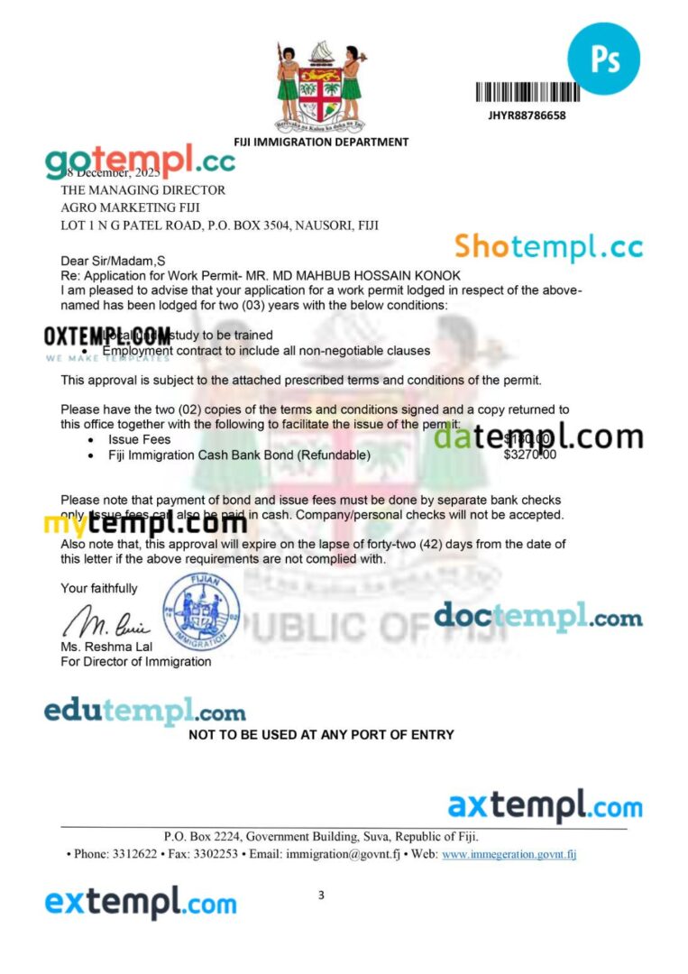 Fiji long term work permit template in PSD format, 3 pages - Image 2