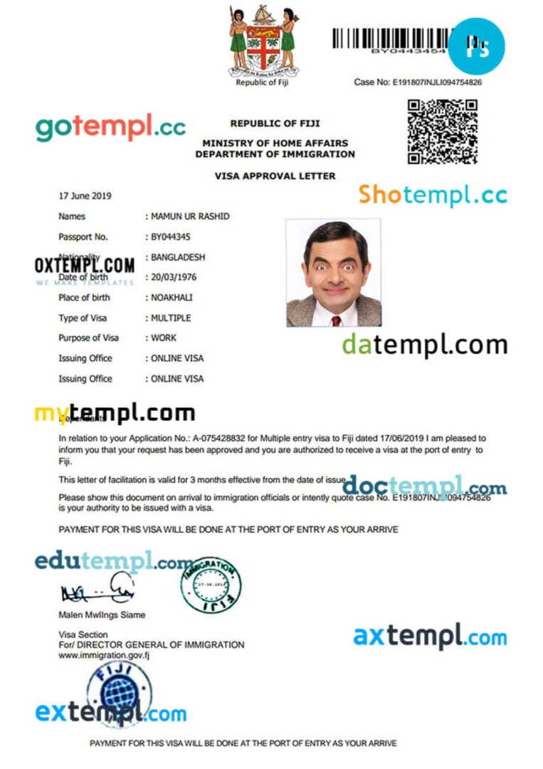 Fiji work visa permit template in PSD format