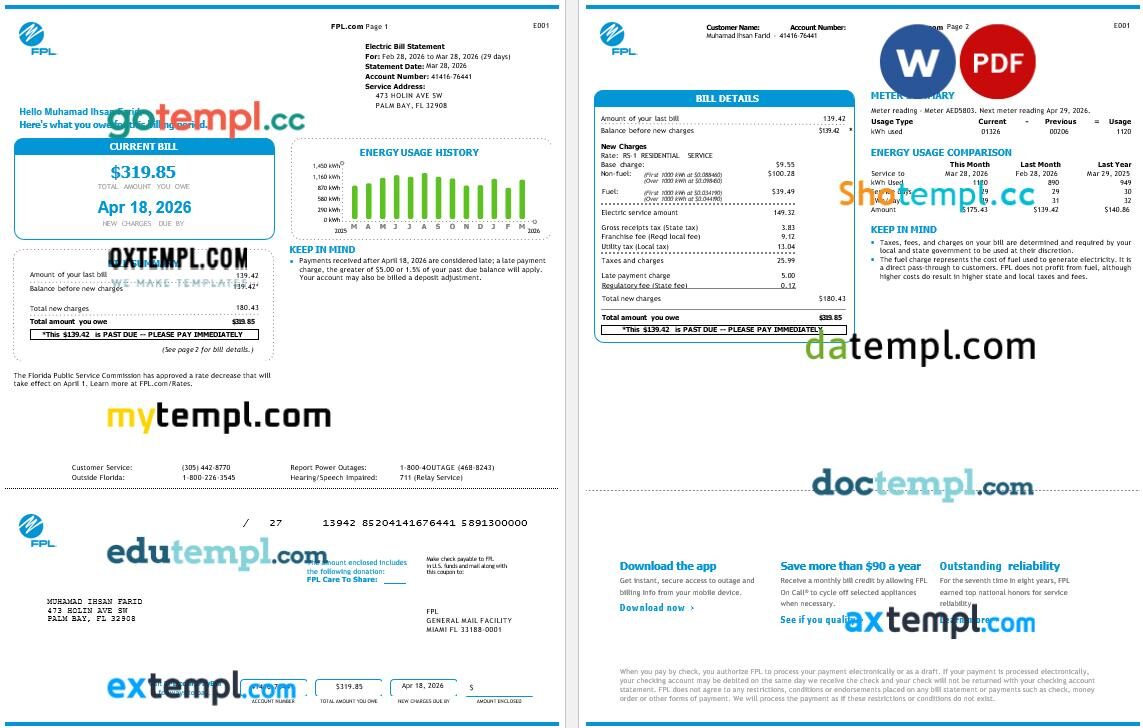 USA Florida Power & Light (FPL) Electric Bill in Word and PDF format