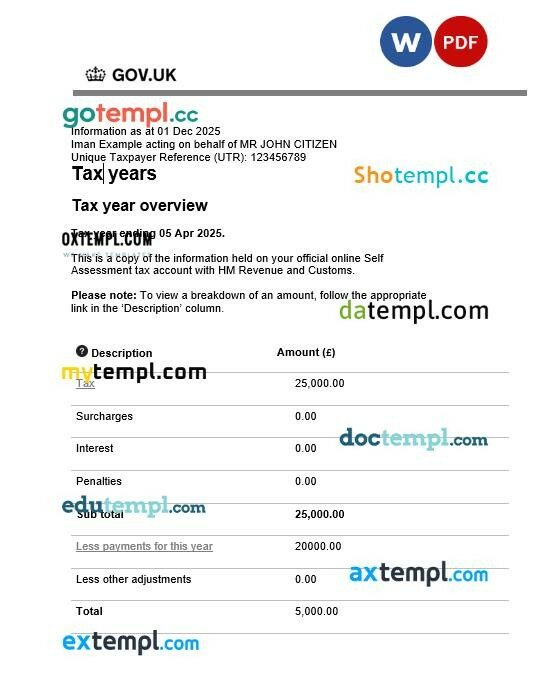 GOV.UK Tax Year Overview document editable template in Word and PDF formats