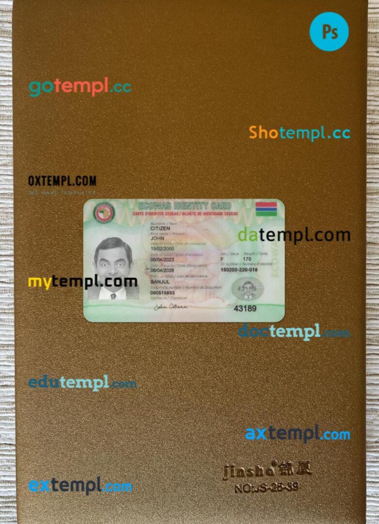 Gambia Ecowas ID card PSD files, scan look and photo-realistic look, 2 in 1