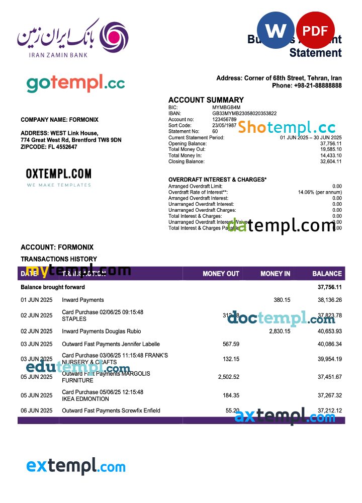 Iran Zamin bank firm account statement Word and PDF template