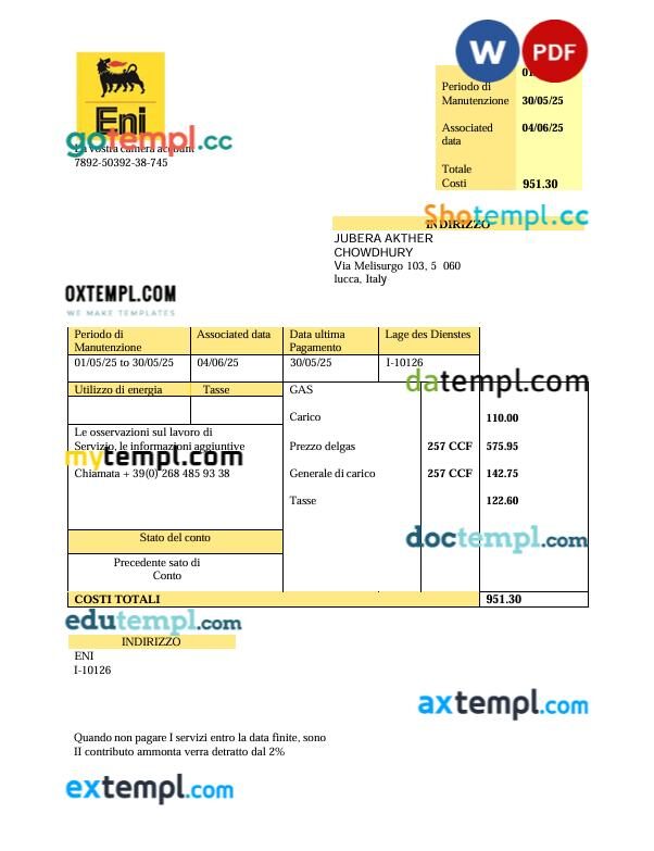 Italy Eni gas energy utility bill in Word and PDF format