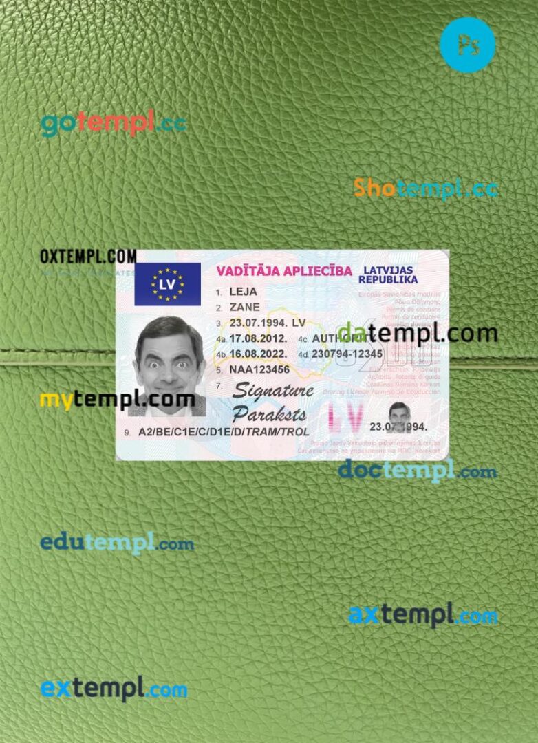 Latvia driving license PSD files, scan look and photographed image, 2 in 1, 2013-present