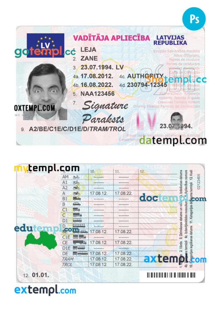 Latvia driving license PSD editable template, 2013-present