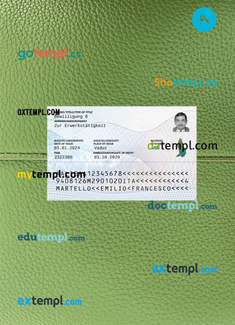 Liechtenstein residence permit PSD files, scan look and photo-realistic look, 2 in 1 - Image 2