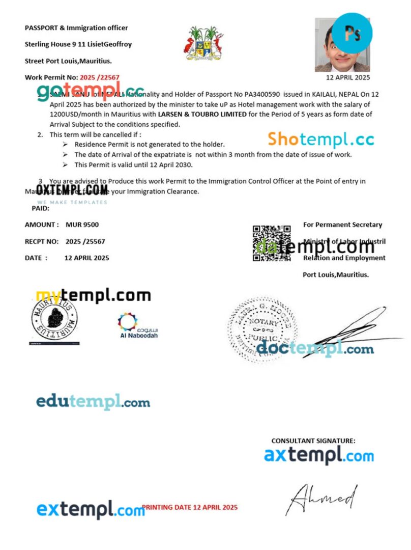 Mauritius work permit template in PSD format