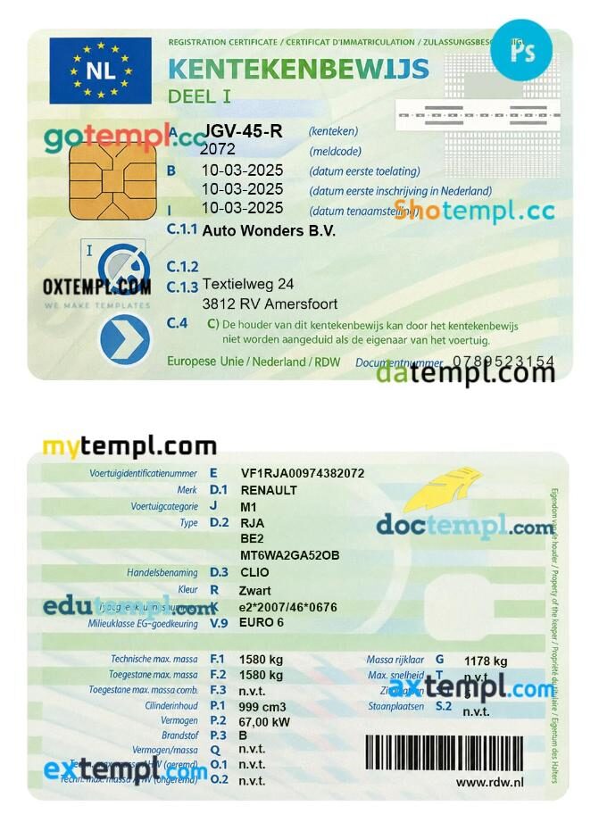 Netherlands vehicle registration certificate in PSD format