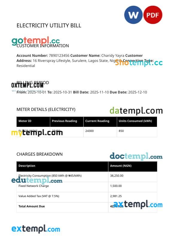Nigeria Electricity Utility Bill in Word and PDF format