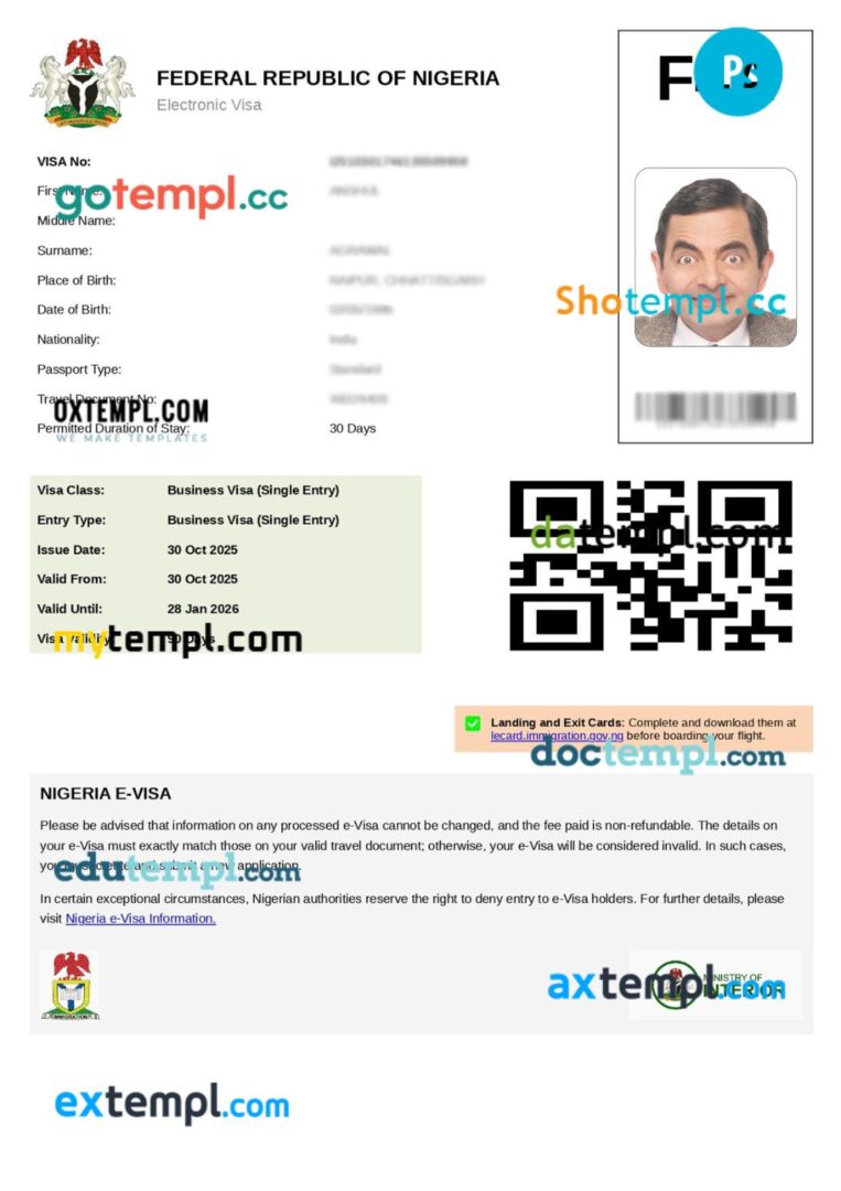 Nigeria work visa permit template in PSD format